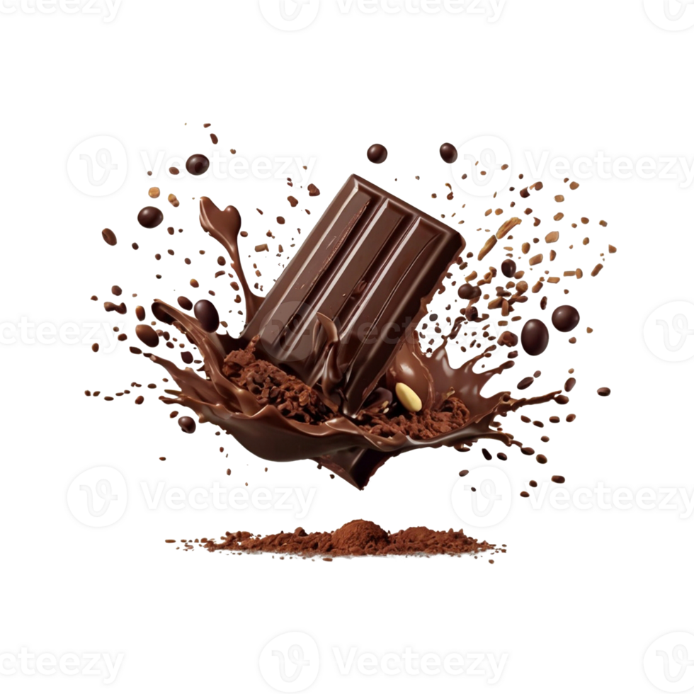 Various types of chocolate fall with chocolate flake in the air isolated on transparent background, such as a sweet dessert concept or a piece of dark chocolate. png