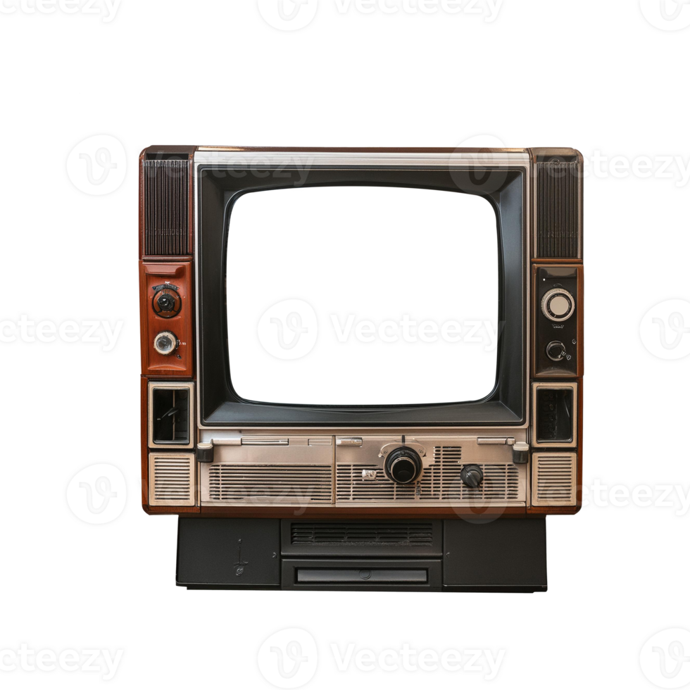 Old vintage television monitor screen with empty displays isolated background, electronic device for showing detail. Front view of old computer monitor with clipping path isolated png