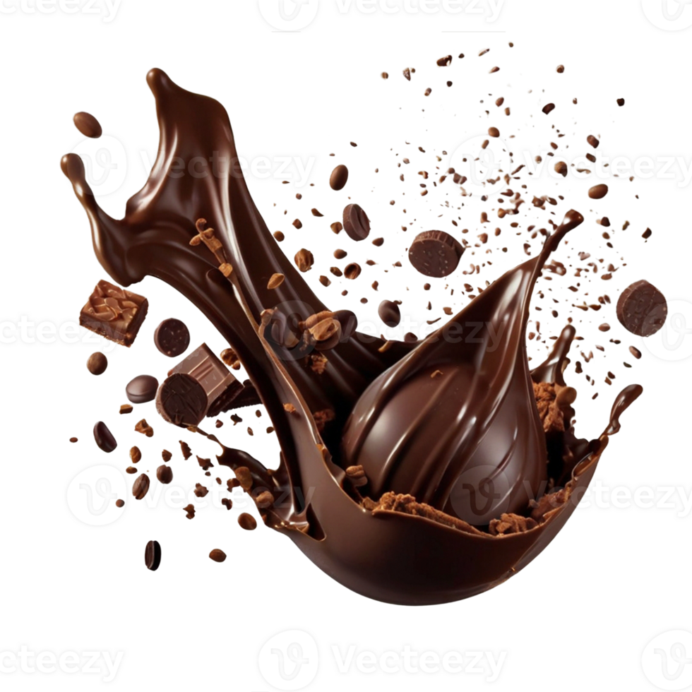 Various types of chocolate fall with chocolate flake in the air isolated on transparent background, such as a sweet dessert concept or a piece of dark chocolate. png