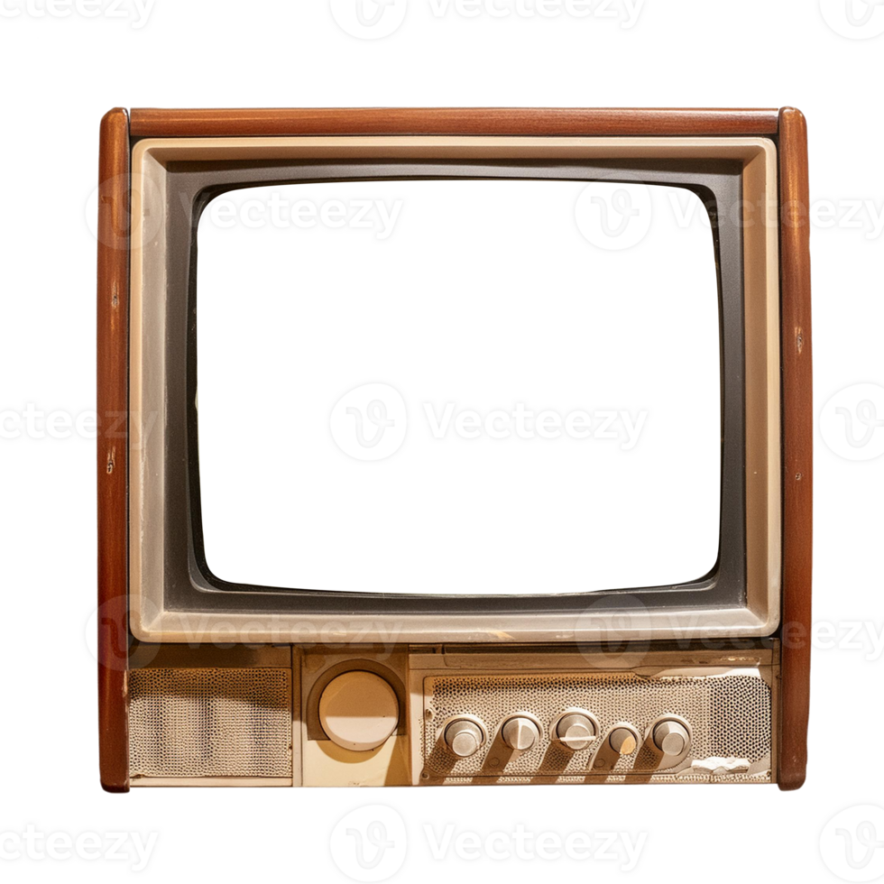 Old vintage television monitor screen with empty displays isolated background, electronic device for showing detail. Front view of old computer monitor with clipping path isolated png