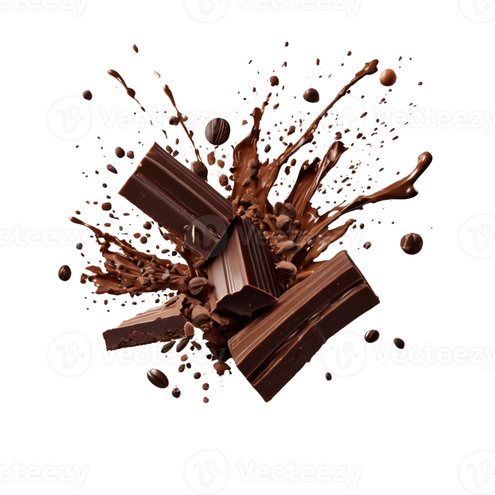 Various types of chocolate fall with chocolate flake in the air isolated on transparent background, such as a sweet dessert concept or a piece of dark chocolate. png