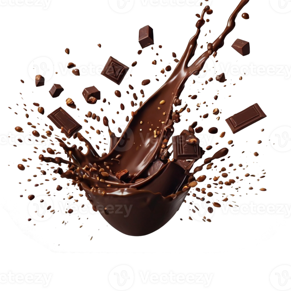 Various types of chocolate fall with chocolate flake in the air isolated on transparent background, such as a sweet dessert concept or a piece of dark chocolate. png