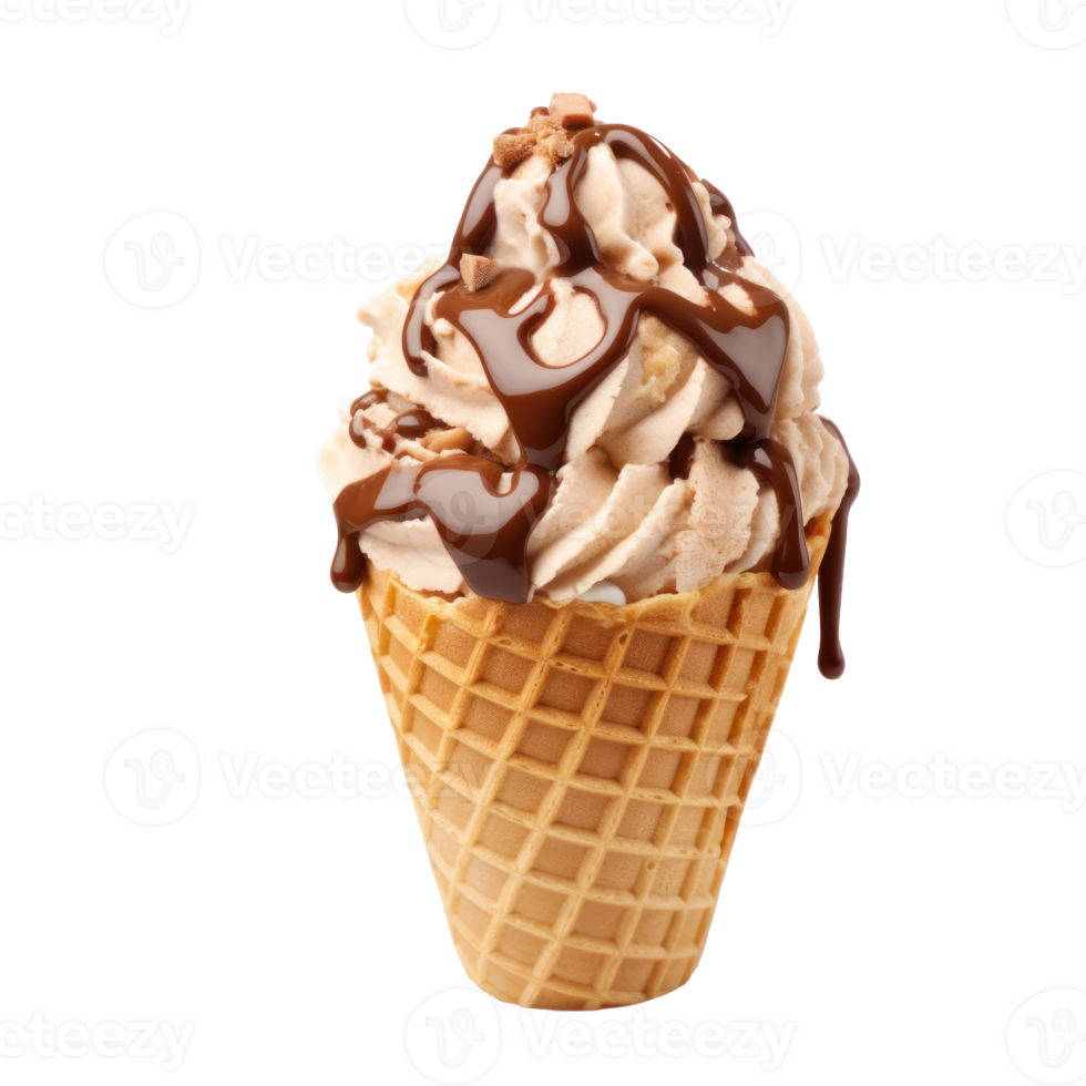 Vanilla Ice Cream In Waffle Cone With Rich Chocolate Drizzle On Isolated Background. png