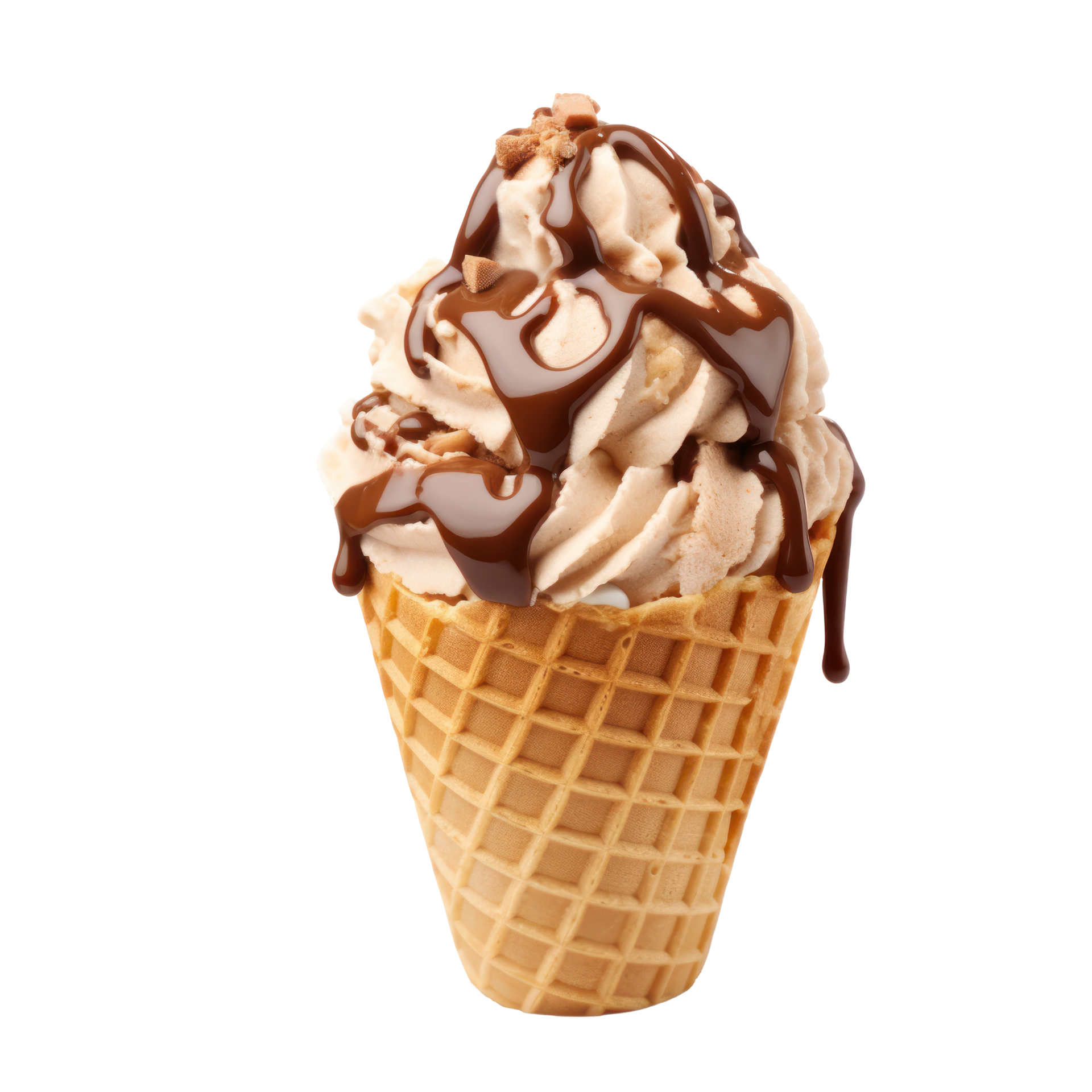 Vanilla Ice Cream In Waffle Cone With Rich Chocolate Drizzle On
