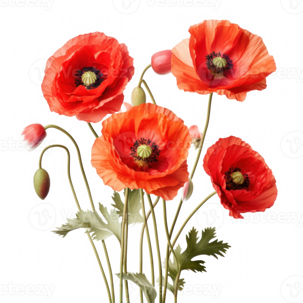 Red Poppies with Green Stems on Isolated Background for Botanical Nature Prints and Floral Design. png