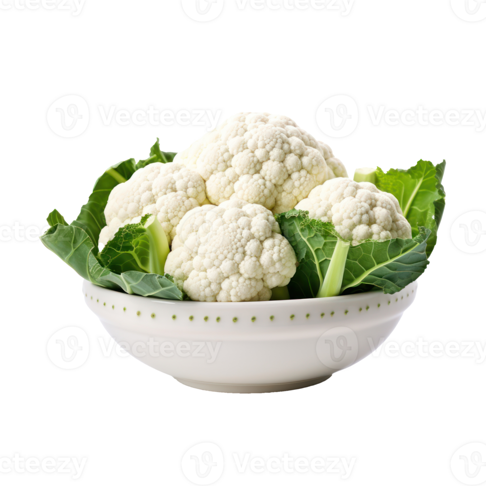Close Up of Cauliflower Head with Crisp Leaves in Ceramic Bowl on Isolated Background. png
