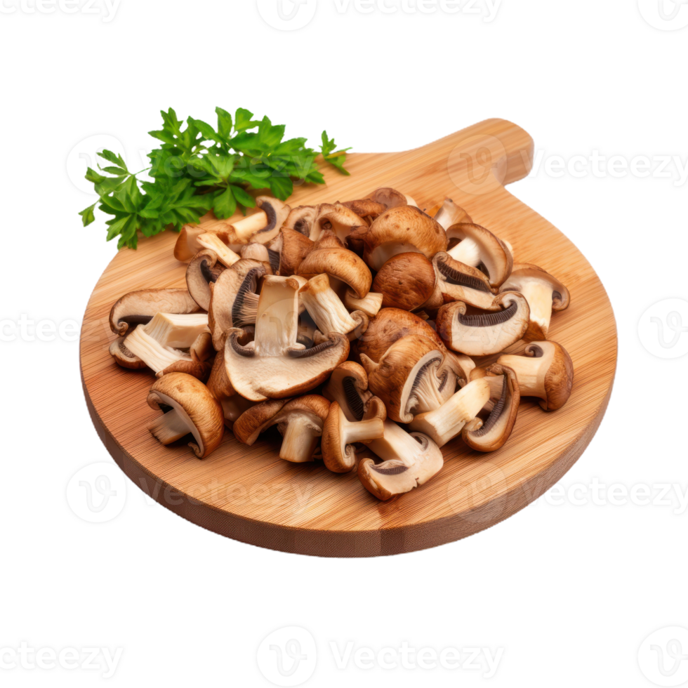 Freshly Sliced Mushrooms On Wooden Cutting Board With Parsley On Isolated Background. png