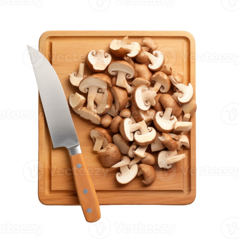 Freshly Sliced Mushrooms On Wooden Cutting Board With Knife On Isolated Background. png