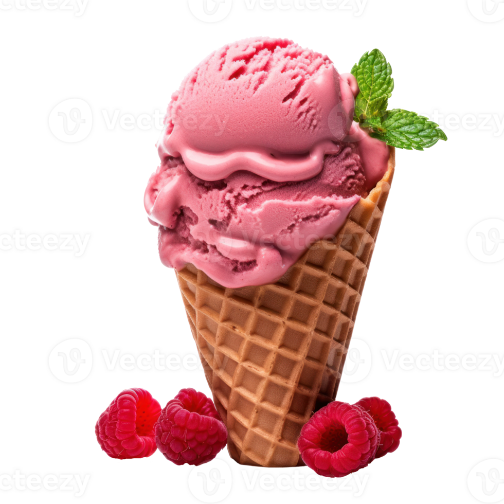 Raspberry Ice Cream Waffle Cone With Fresh Raspberries And Mint Leaf On Isolated Background. png