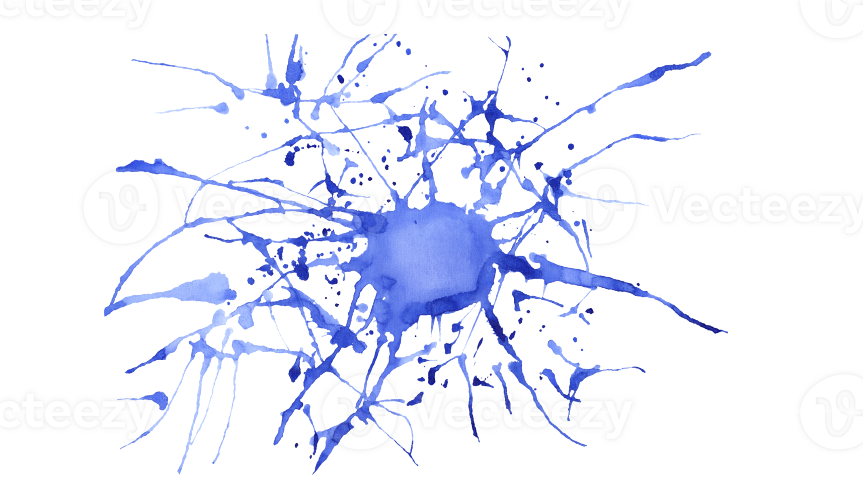 Blue abstract splashes. Spot randomly spreading in different directions. Watercolor paint dynamic lines with splatters. Asymmetrical disorderly paint spreading. Hand drawn illustration. png