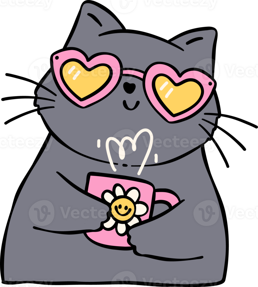 Groovy Retro cat with coffee self love Disco bold doodle outline drawing png