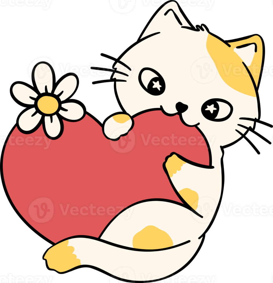 Groovy Retro cat bite heart self love Disco bold doodle outline drawing png