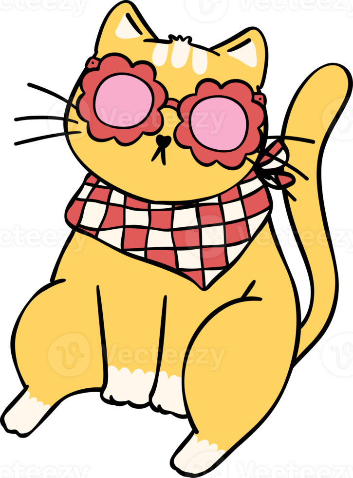 Groovy Retro orange cat sitting self love Disco bold doodle outline drawing png