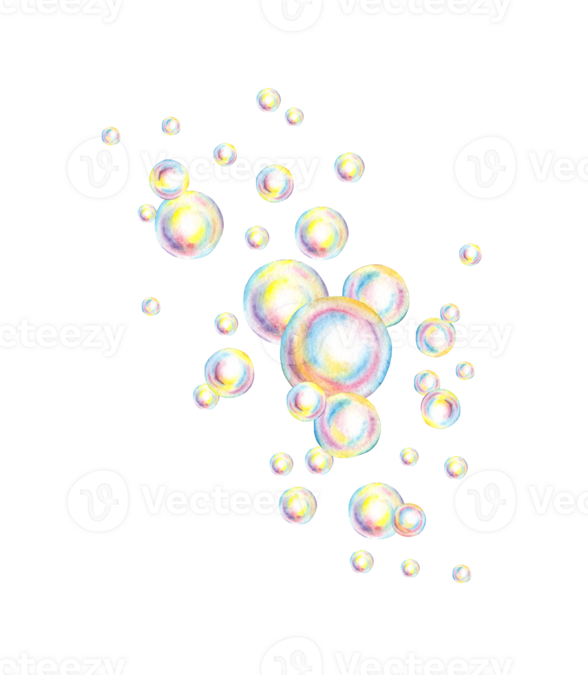 Soap bubbles of different sizes watercolor illustration. Soap suds, summer games, bath time, carnival, bubble party. Ideal for art projects, children's books, greeting cards png