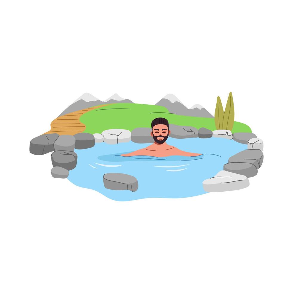 Japan onsen, young man relaxing in hot spring bath vector