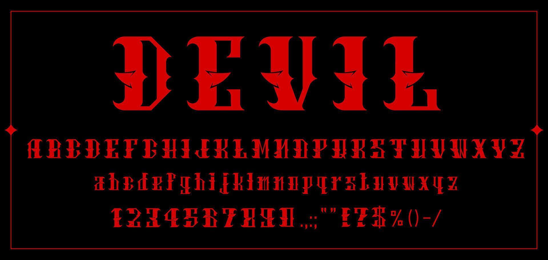 Devil font, demon typeface bloody red evil letters vector