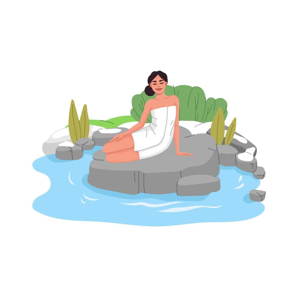 Japan onsen, woman in towel relax in spring bath vector