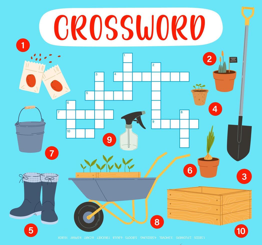 Crossword quiz grid with farm and gardening tools vector