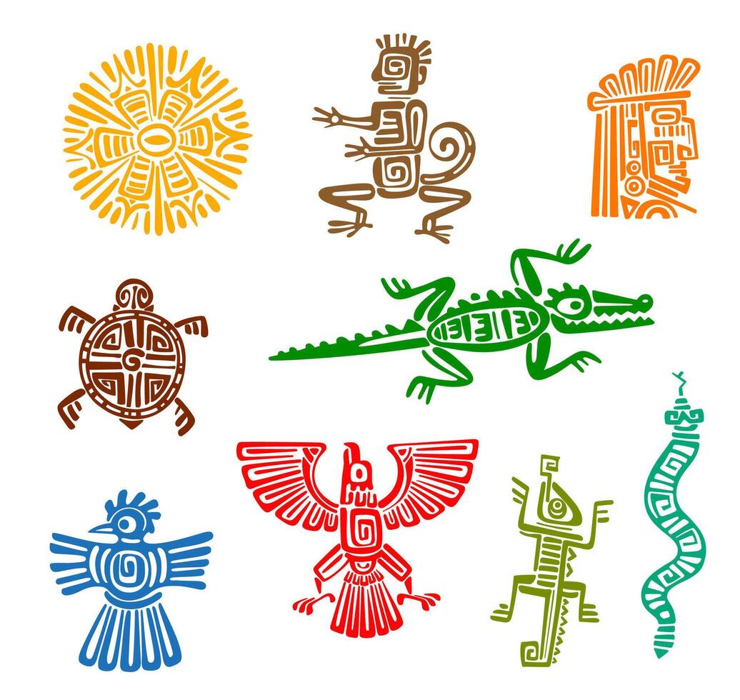 Mayan aztec totems, ancient mexican birds, animals vector