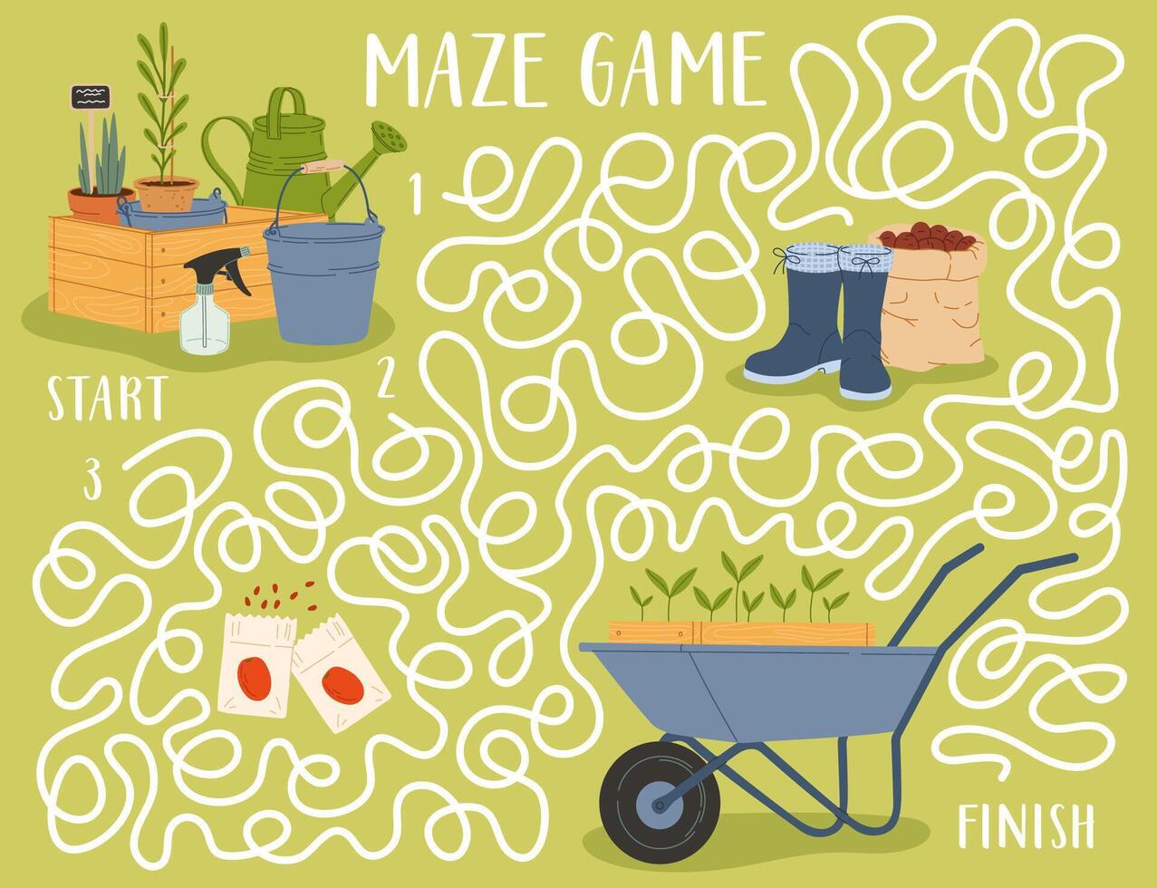 Labyrinth maze game, find farm and gardening tools vector