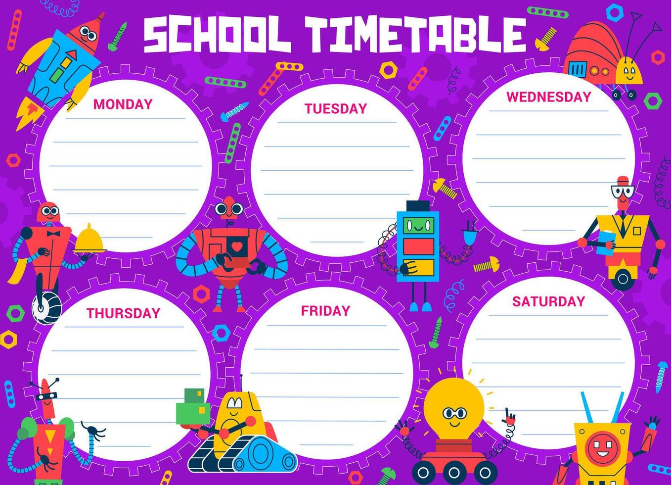 School timetable schedule, cartoon robots, droids vector