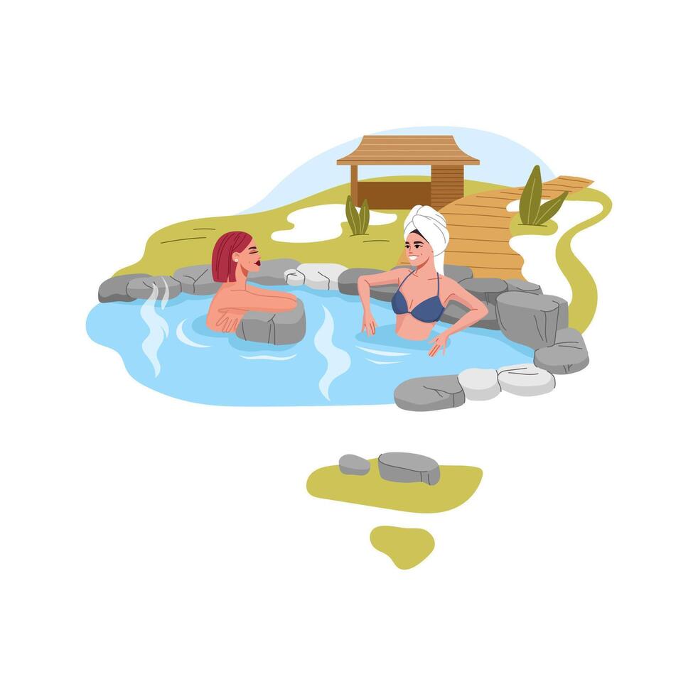 Japan onsen, women relaxing in hot spring pool vector