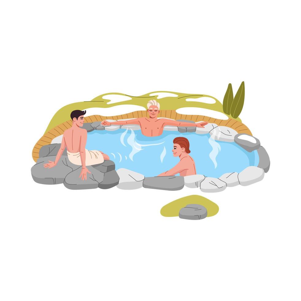 Japan onsen bath, men relaxing in hot spring pool vector