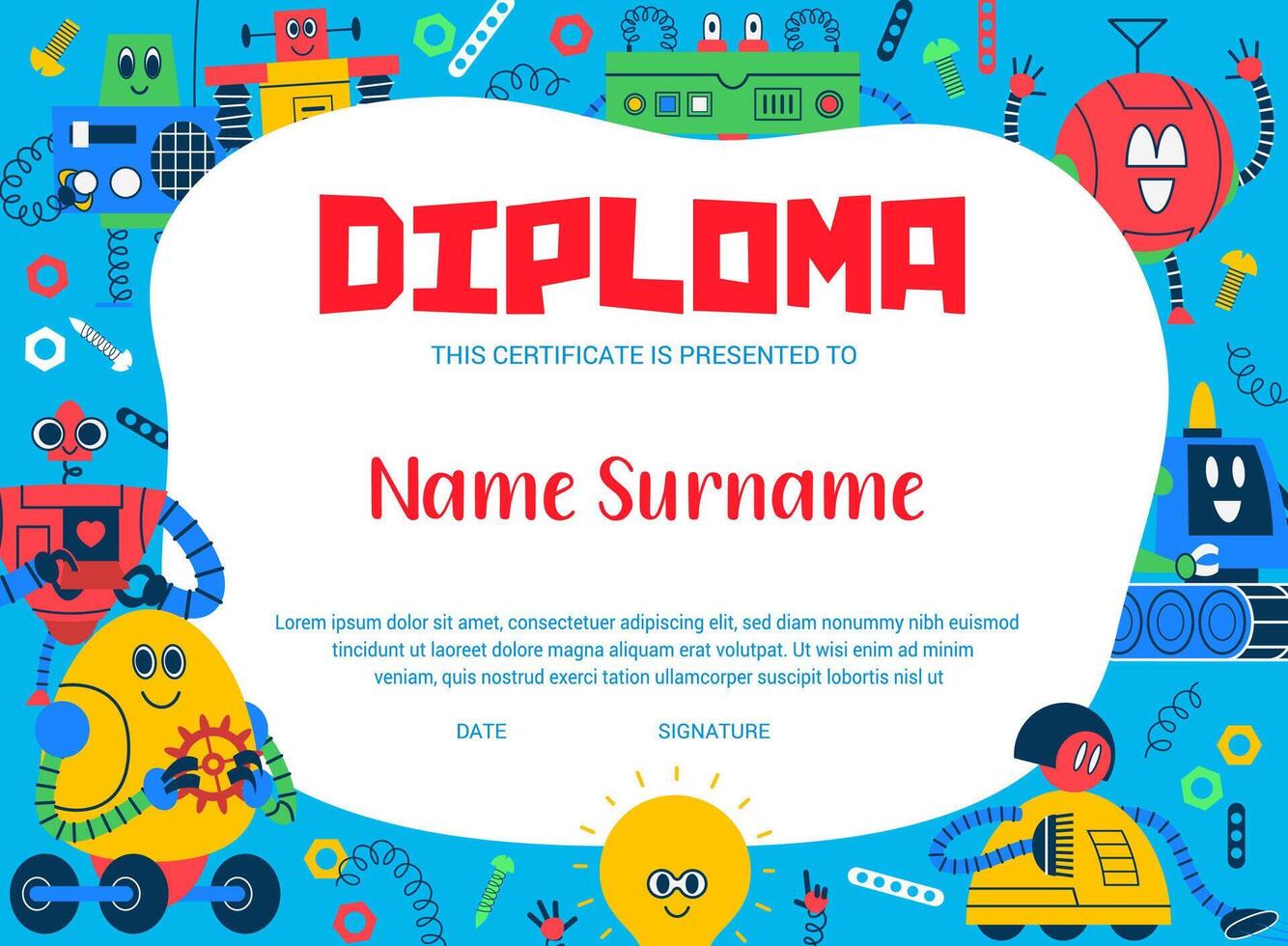 Kid diploma. Cartoon robots and droids certificate vector