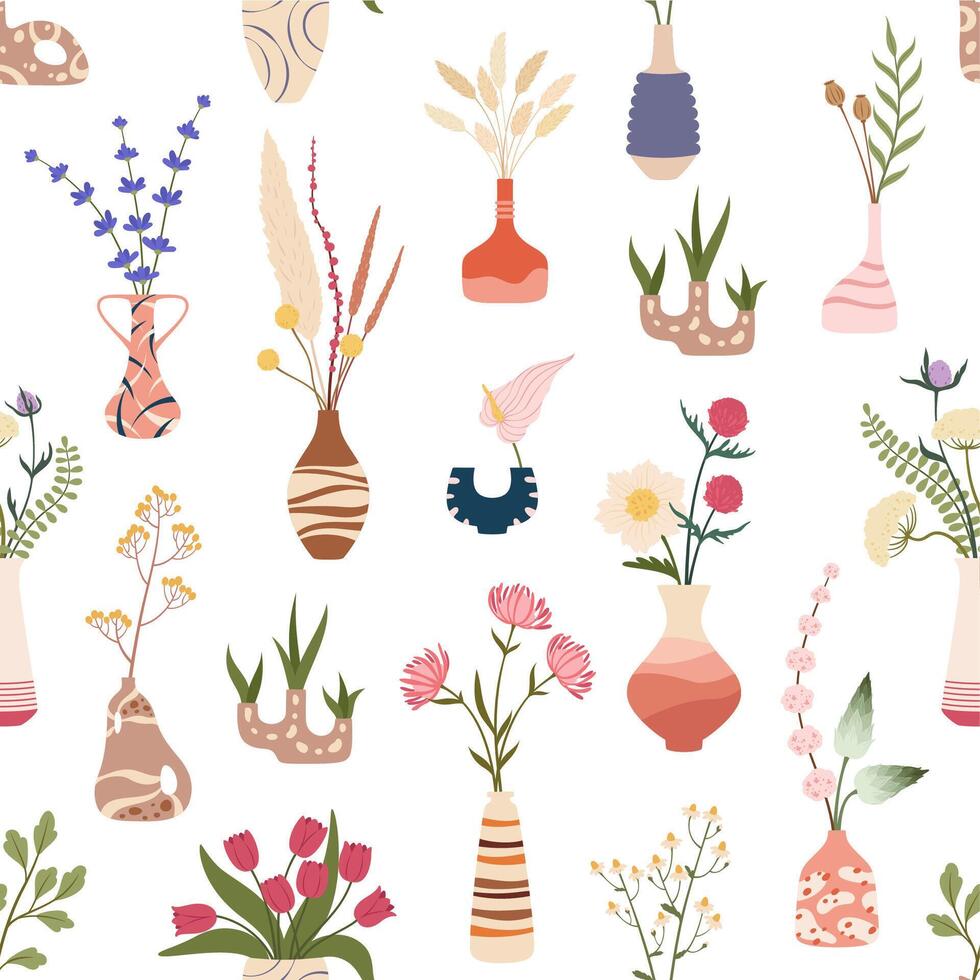 Scandinavian flower vases seamless pattern vector