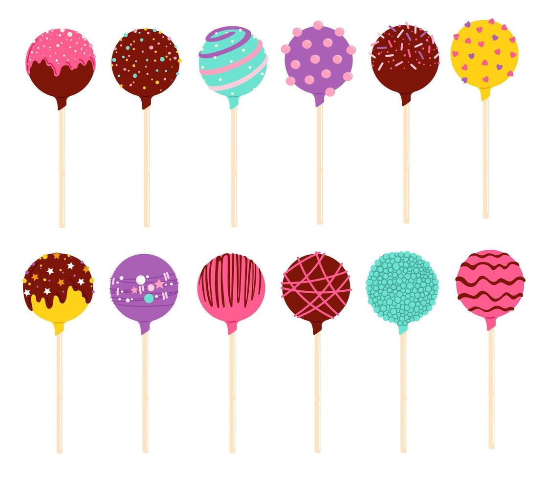 Cake pops and chocolate lollipop candies on sticks vector