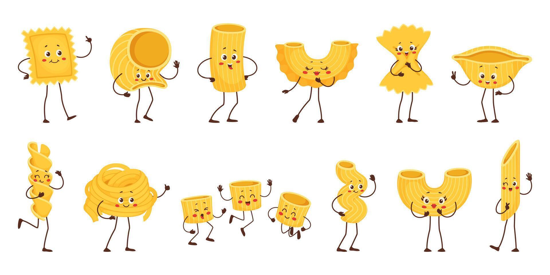 Cartoon pasta characters, italian macaroni food vector