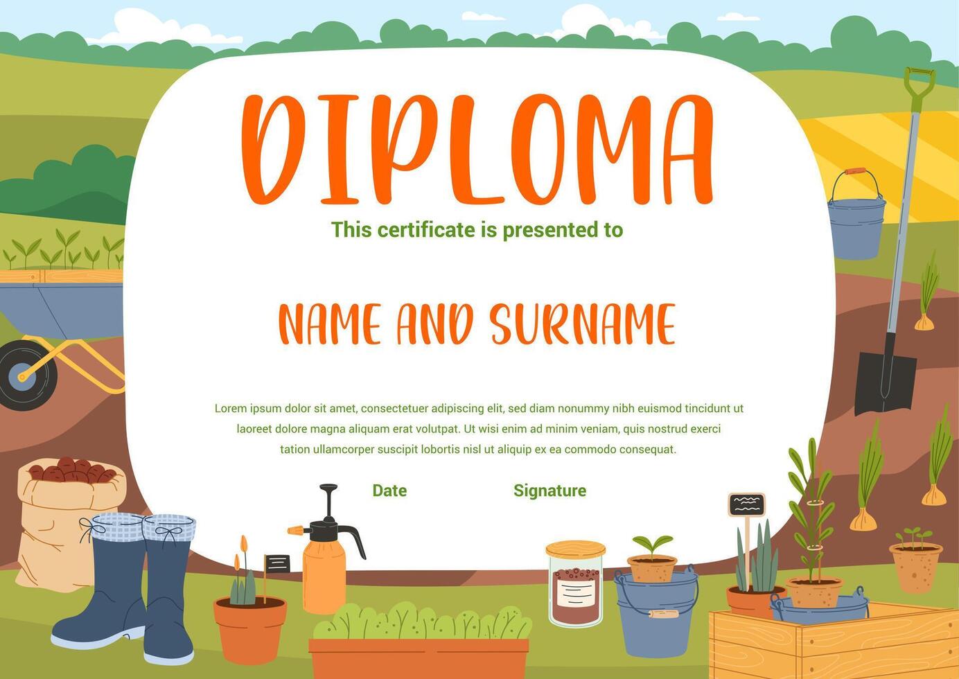 Farmer diploma in agriculture with farm tools vector