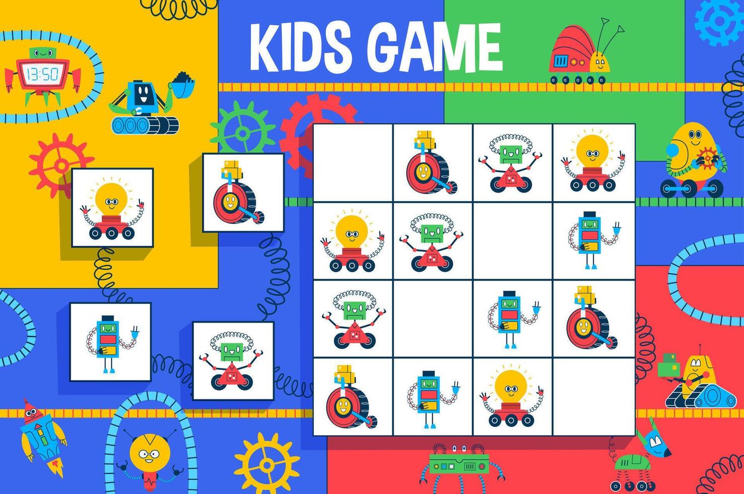 Sudoku kids game with cartoon robots and droids vector