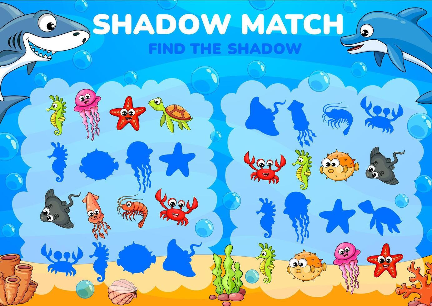 Shadow match game worksheet, underwater animals vector