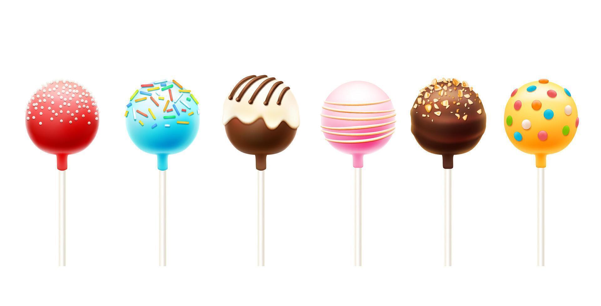 Realistic cake pops, chocolate lollipop candies vector