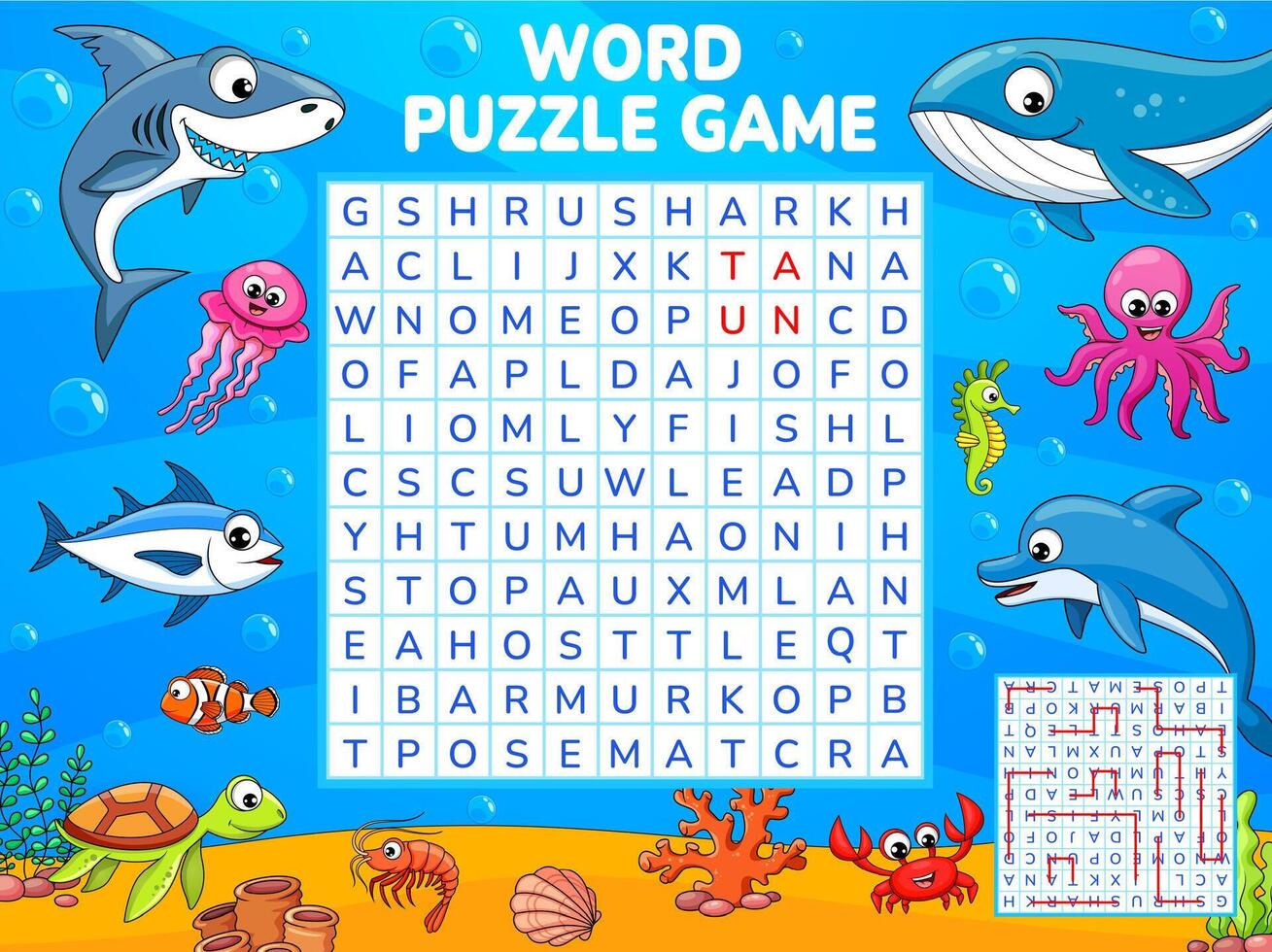 Underwater animals and fish word search puzzle vector