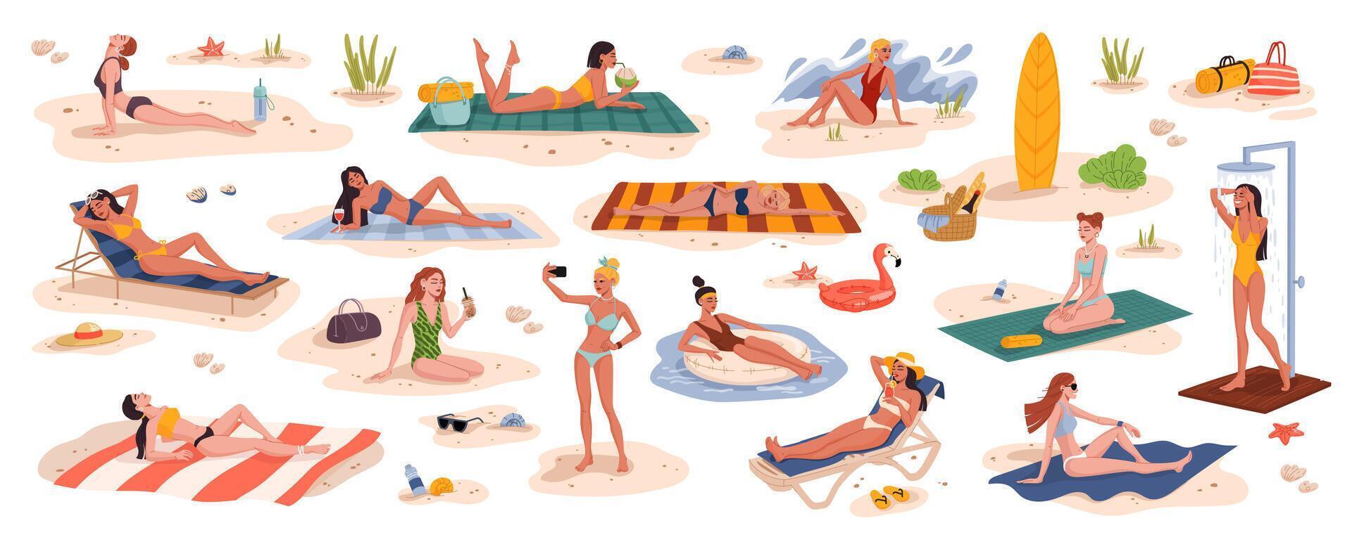 Pretty young women on summer beach, vacations vector