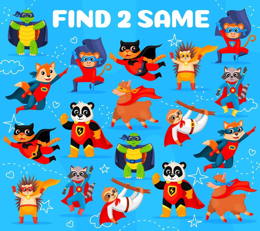 Find two same superhero animals, kids game vector