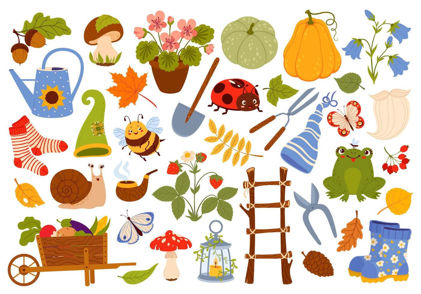 Cartoon gnome, elf and dwarf garden tools, plants vector
