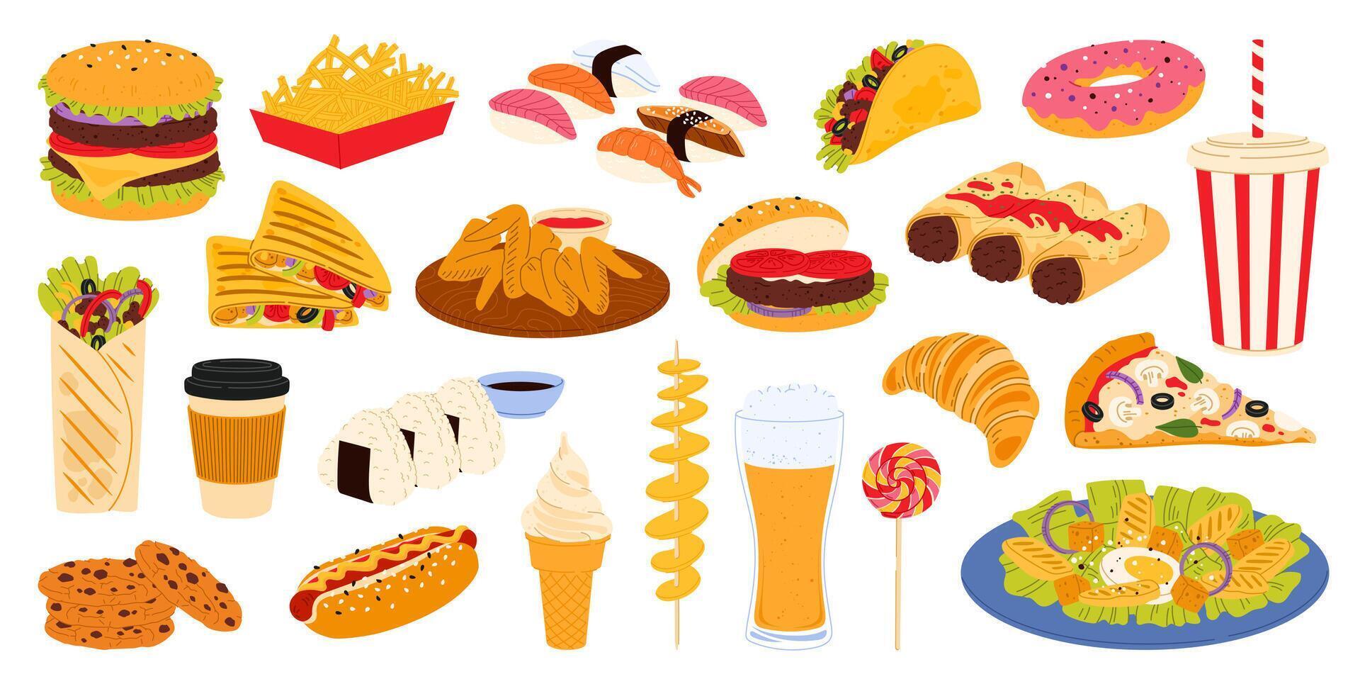 Fast food burger, pizza, hamburgers and drinks vector