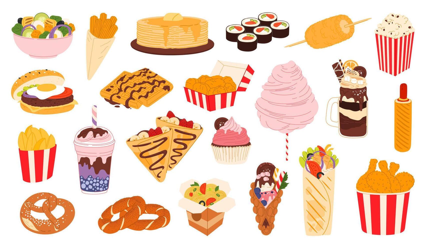 Fast food desserts icons, burgers, sweet snacks vector
