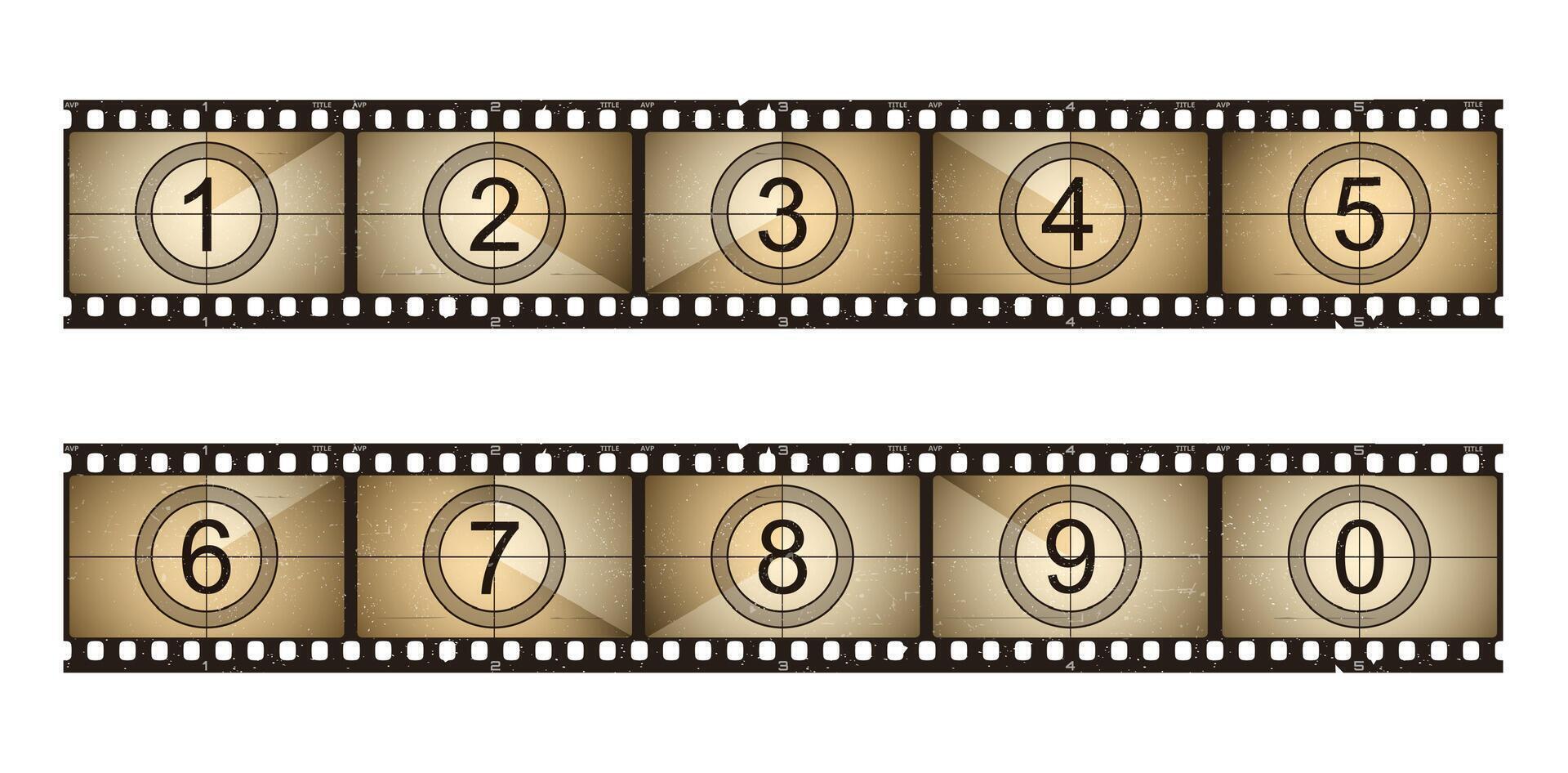 Movie countdown old grunge film strip, cinema reel vector