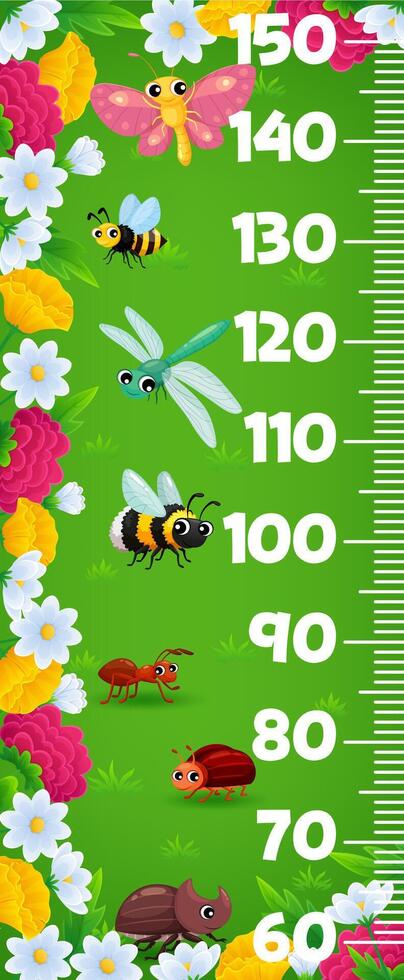 Kids height chart with cartoon insect characters vector