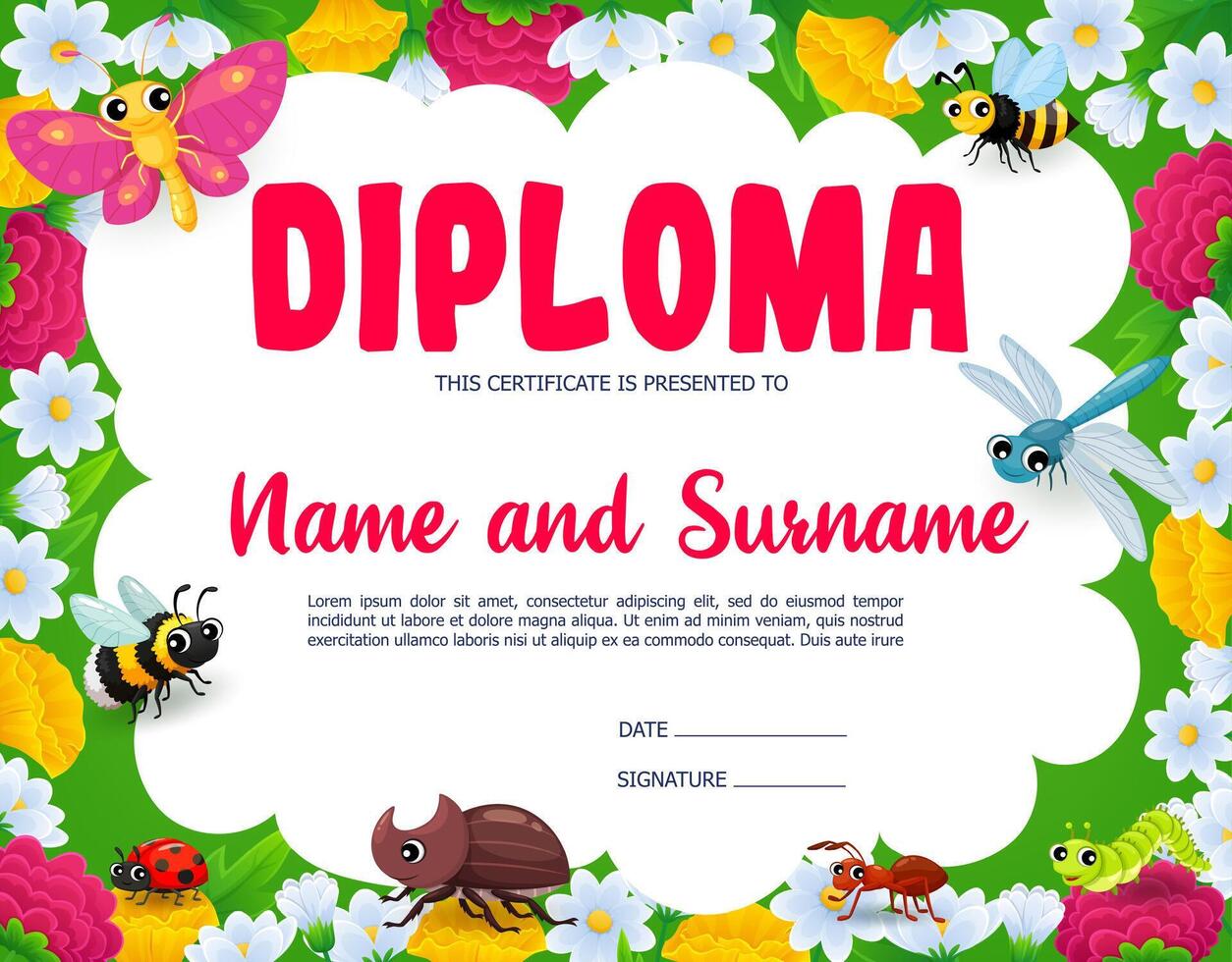 Kids diploma in frame of cartoon insect characters vector