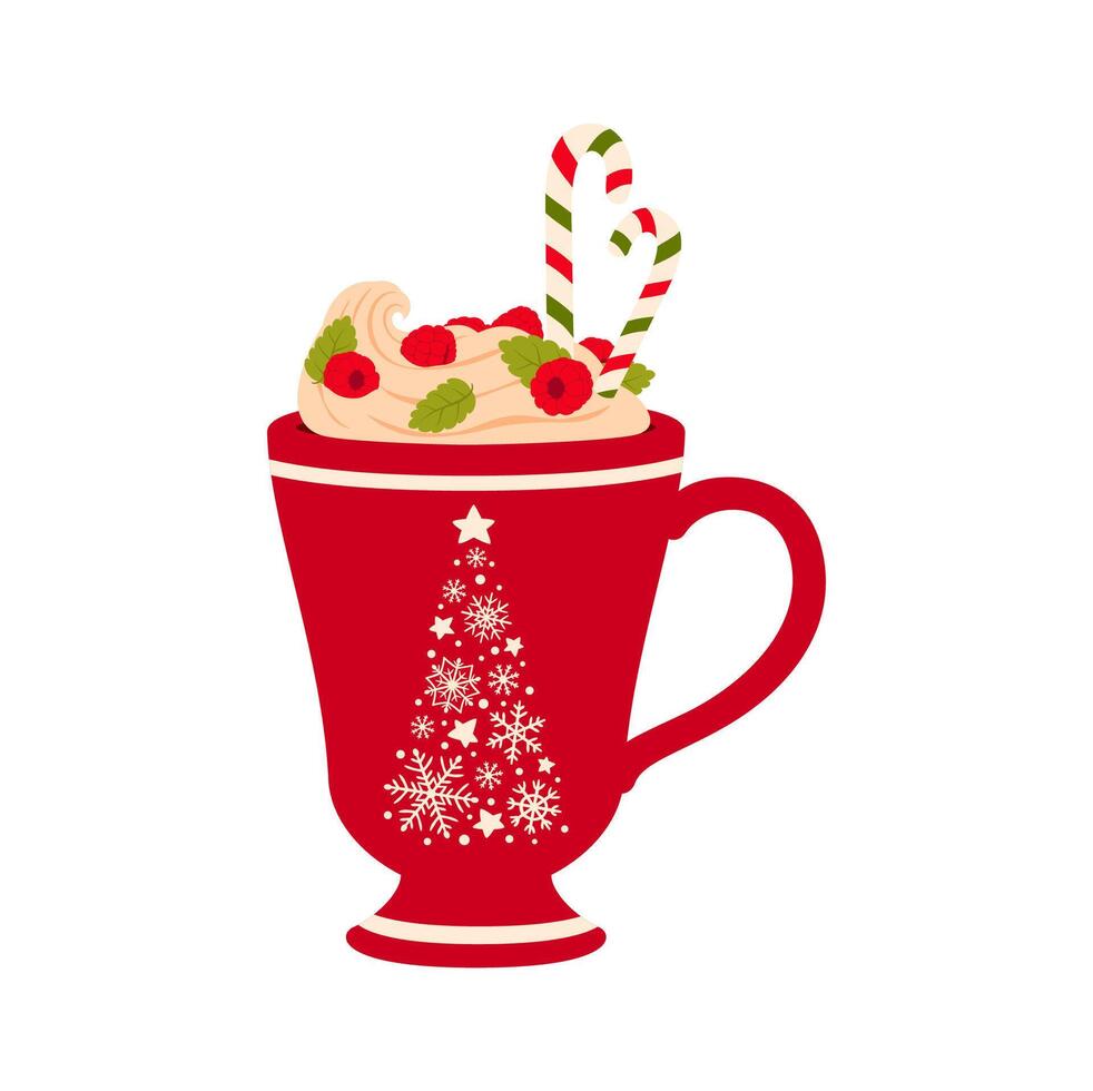Christmas cup, whipped cream and berries, eggnog vector