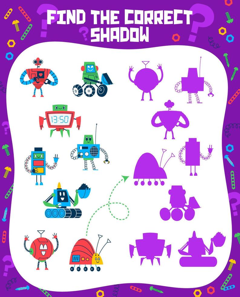 Find the correct shadow of cartoon robots, droids vector