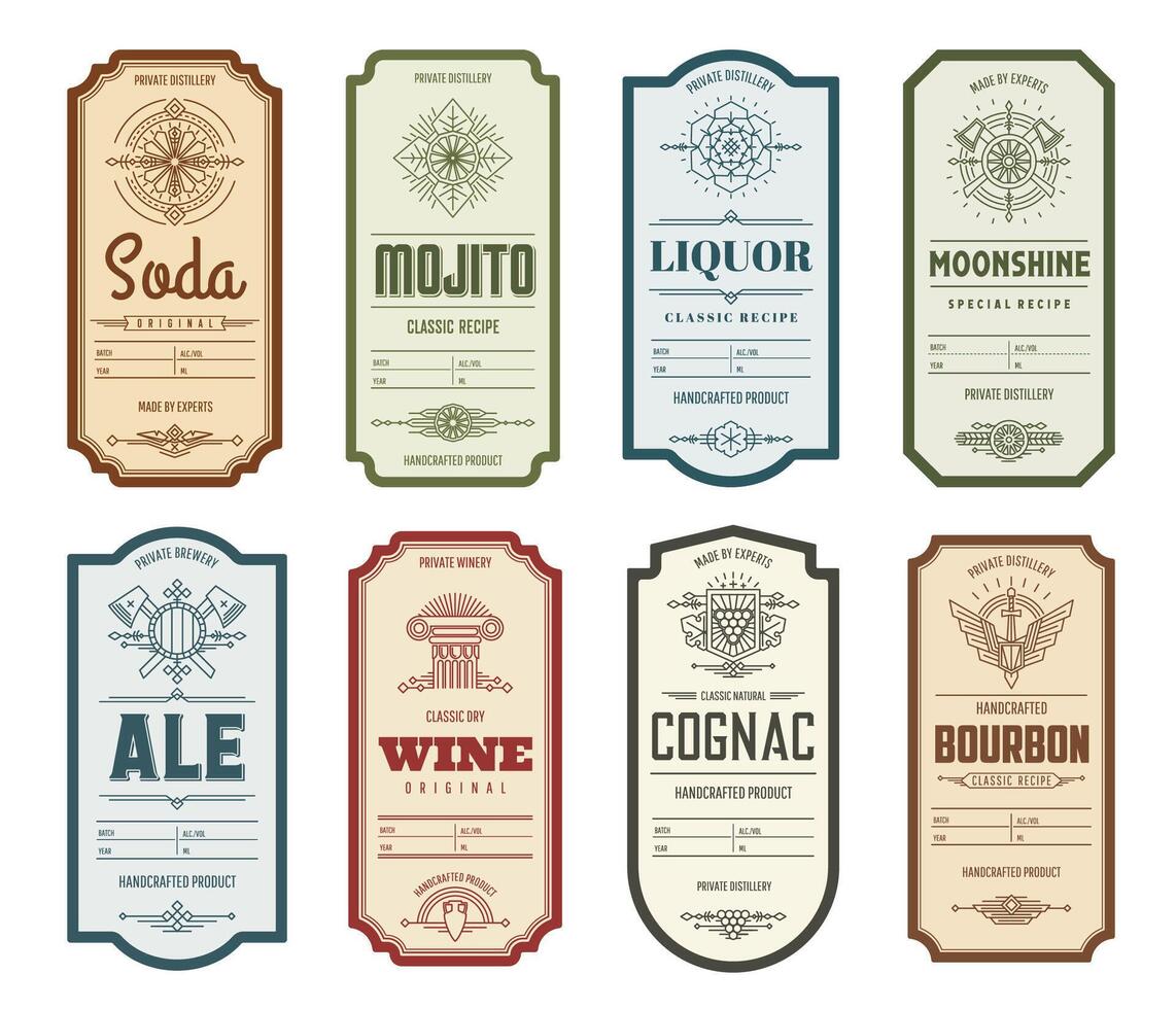 Vintage alcohol labels. Mojito, soda, cognac, wine vector