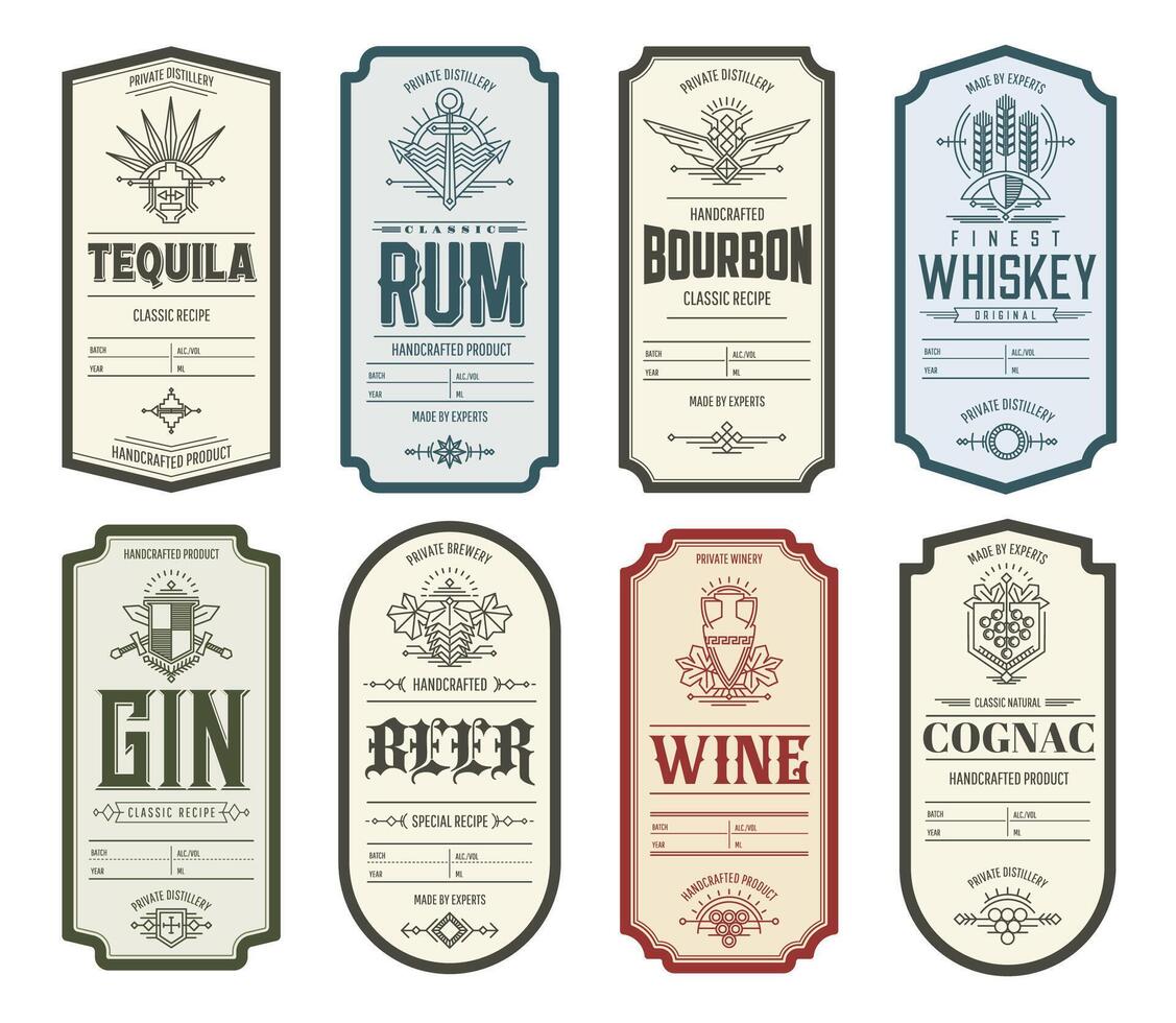 Vintage alcohol labels, tequila, whiskey, rum, gin vector