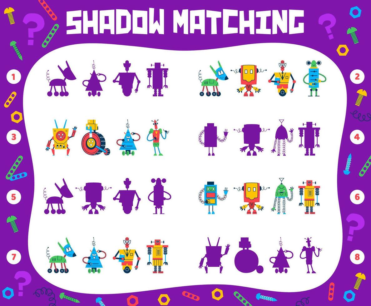 Shadow matching quiz game, cartoon robots, droids vector