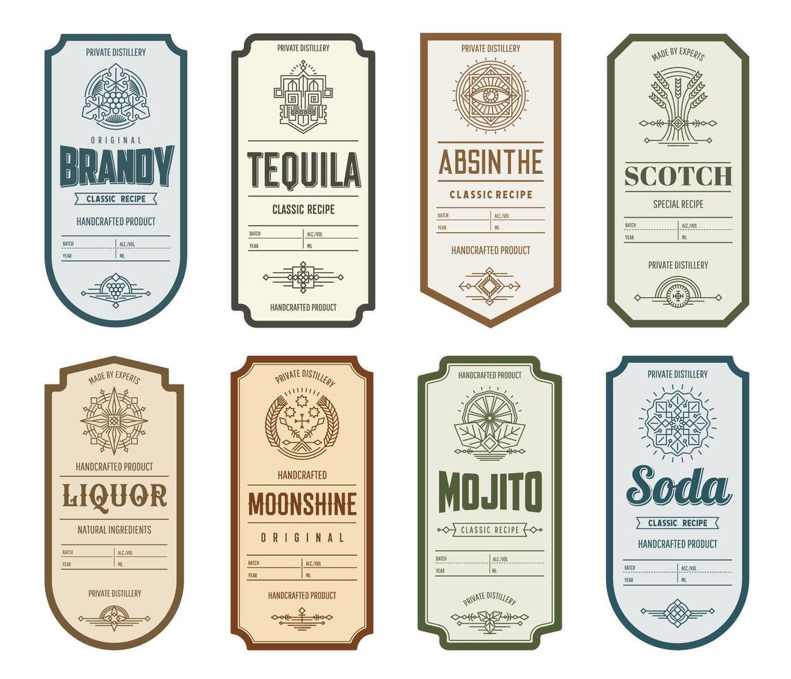 Vintage alcohol labels, tequila, brandy and soda vector